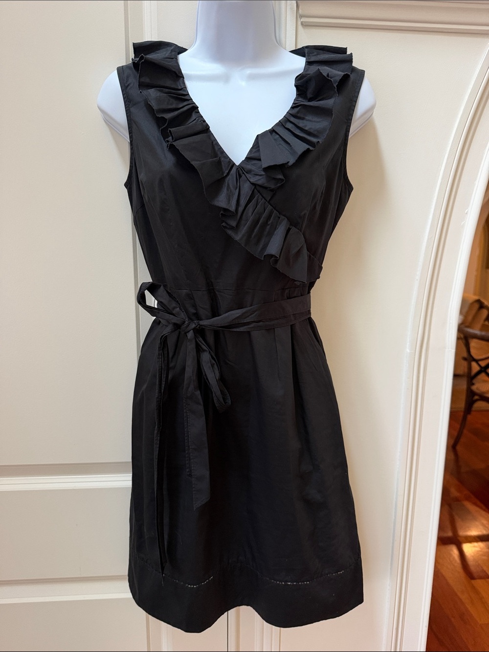 LOFT Black Cotton Sleeveless Ruffle V-Neck Belted Dress